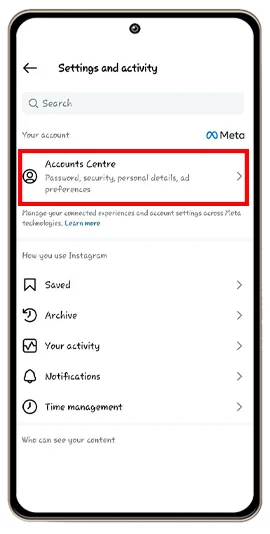 برای پاک کرن پیج اینستا وارد account center شوید
