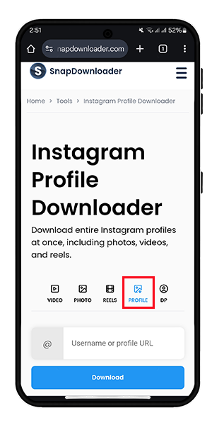 دانلود پروفایل اینستا با Snapdownloader
