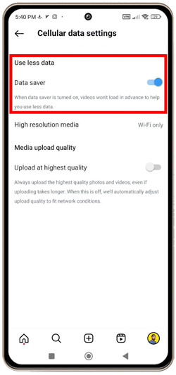 فعال‌سازی حالت Data Saver برای کاهش مصرف اینترنت اینستاگرام